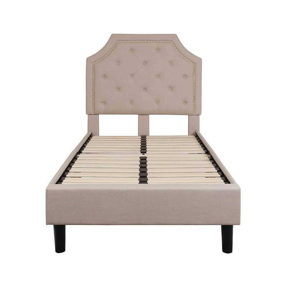 Brighton Twin Size Tufted Upholstered Platform Bed in Beige Fabric