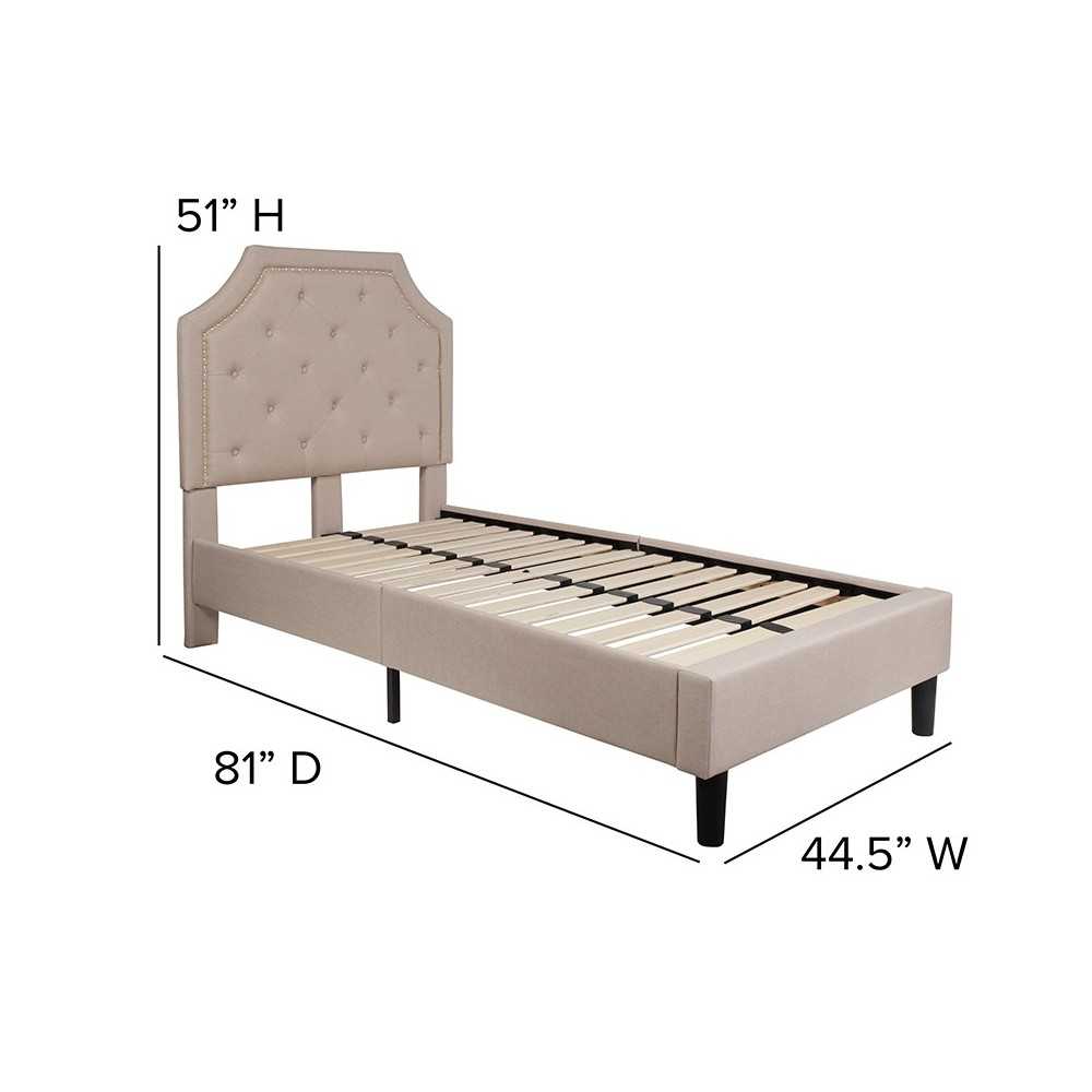 Brighton Twin Size Tufted Upholstered Platform Bed in Beige Fabric