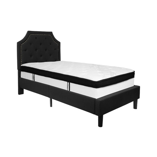 Brighton Twin Size Tufted Upholstered Platform Bed in Black Fabric with Memory Foam Mattress