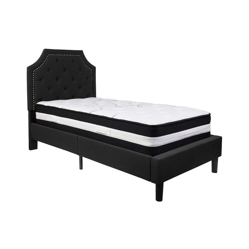 Brighton Twin Size Tufted Upholstered Platform Bed in Black Fabric with Pocket Spring Mattress