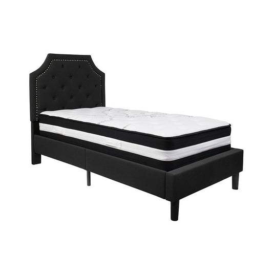 Brighton Twin Size Tufted Upholstered Platform Bed in Black Fabric with Pocket Spring Mattress