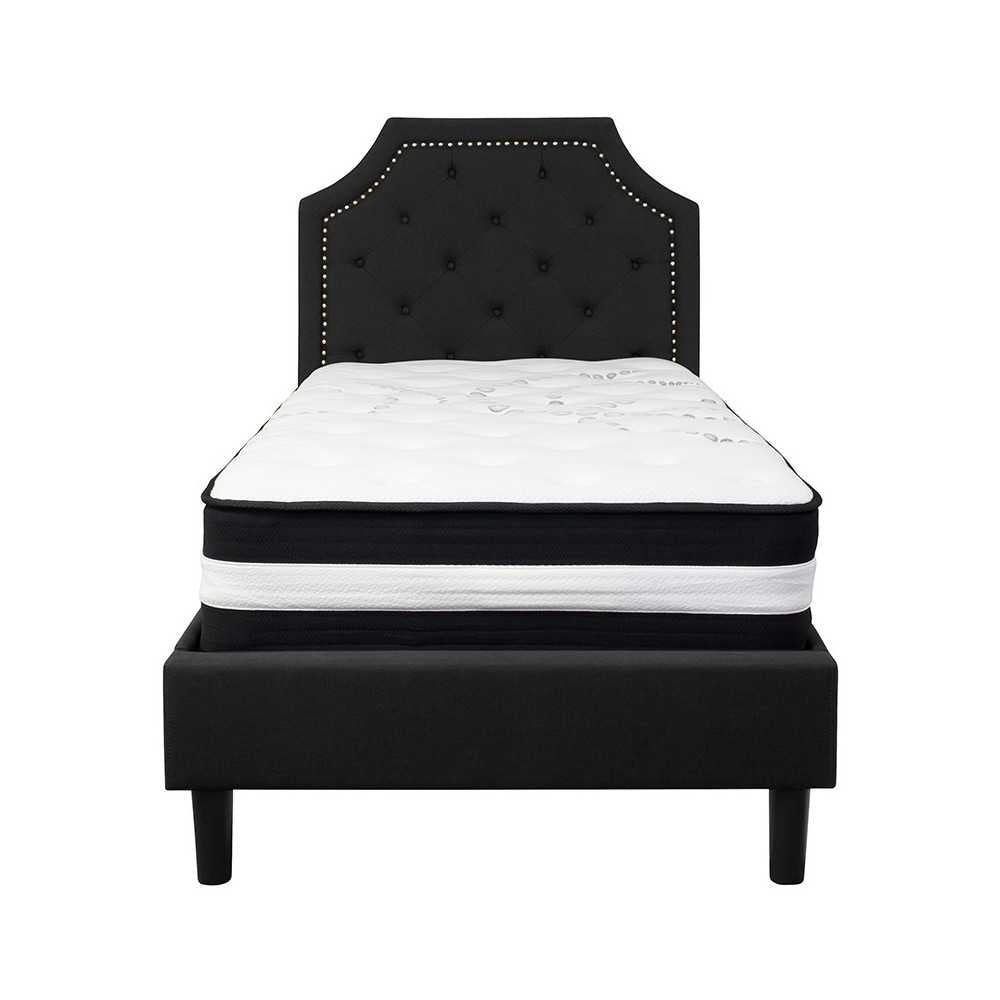 Brighton Twin Size Tufted Upholstered Platform Bed in Black Fabric with Pocket Spring Mattress