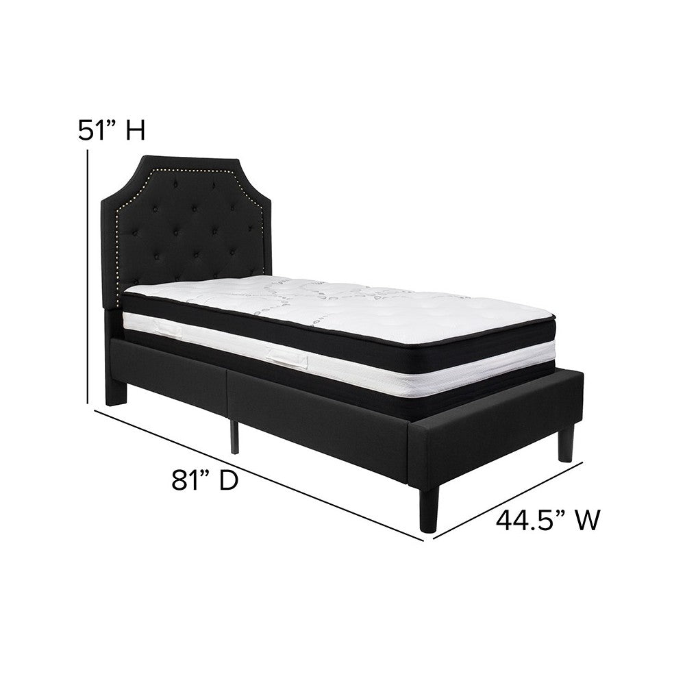 Brighton Twin Size Tufted Upholstered Platform Bed in Black Fabric with Pocket Spring Mattress