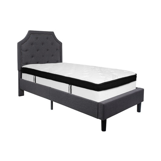 Brighton Twin Size Tufted Upholstered Platform Bed in Dark Gray Fabric with Memory Foam Mattress