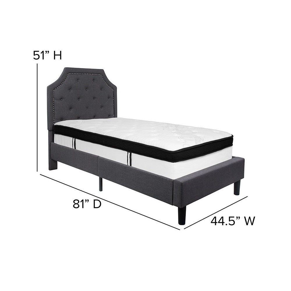 Brighton Twin Size Tufted Upholstered Platform Bed in Dark Gray Fabric with Memory Foam Mattress