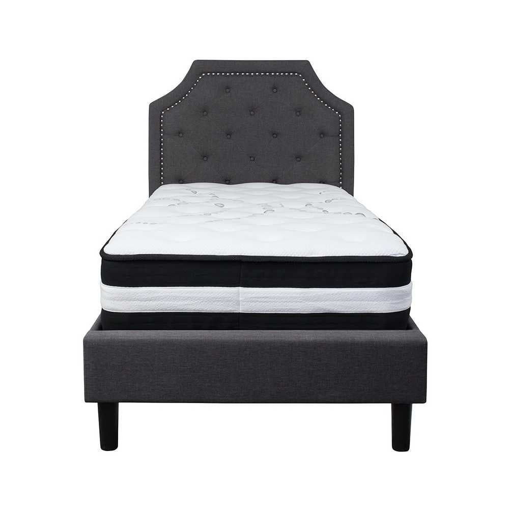 Brighton Twin Size Tufted Upholstered Platform Bed in Dark Gray Fabric with Pocket Spring Mattress