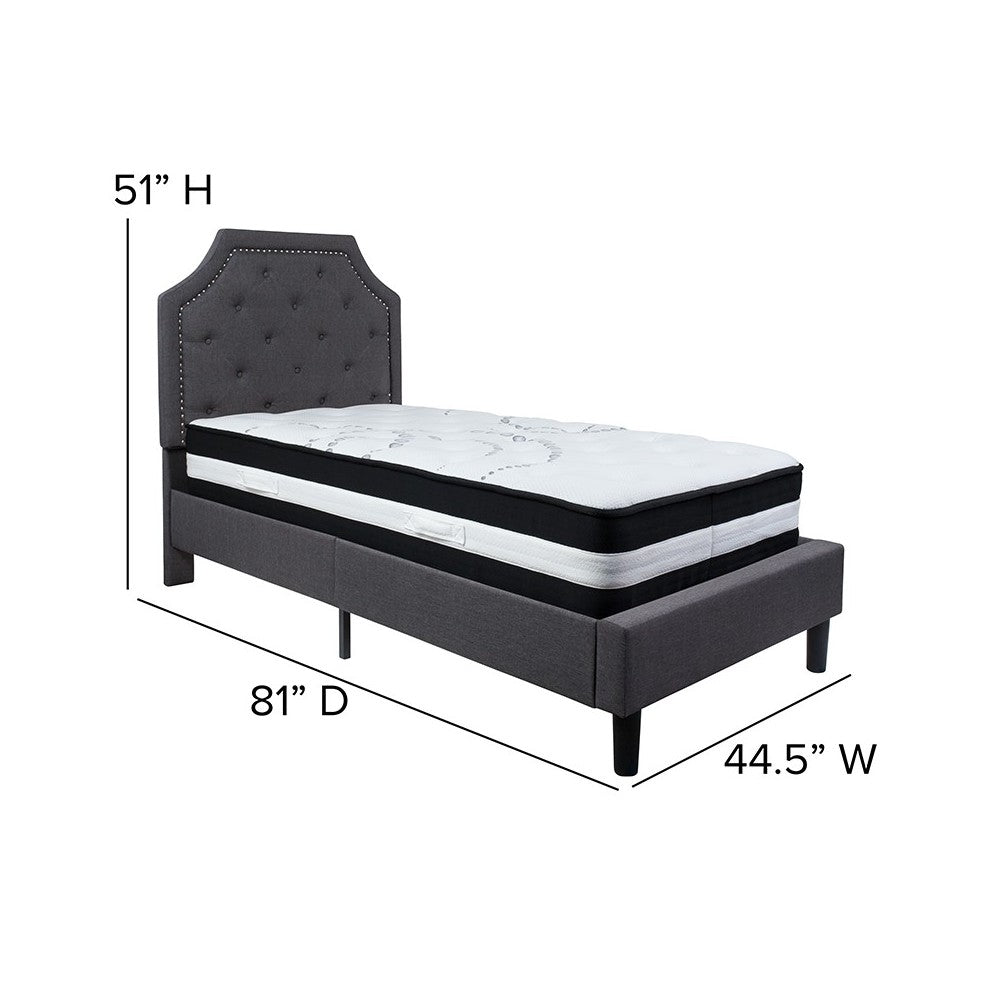 Brighton Twin Size Tufted Upholstered Platform Bed in Dark Gray Fabric with Pocket Spring Mattress