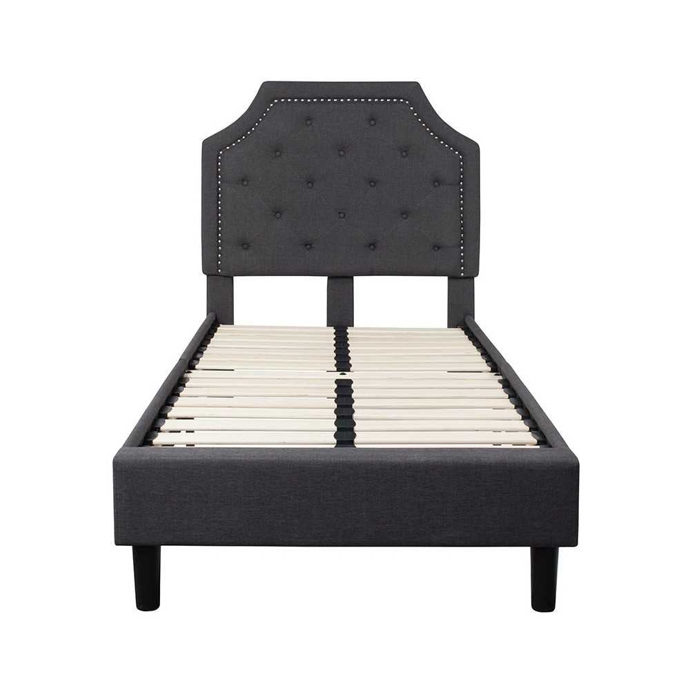 Brighton Twin Size Tufted Upholstered Platform Bed in Dark Gray Fabric