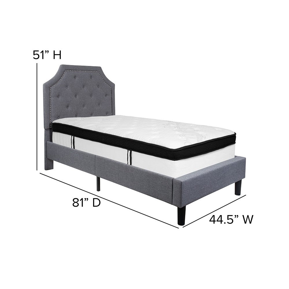 Brighton Twin Size Tufted Upholstered Platform Bed in Light Gray Fabric with Memory Foam Mattress