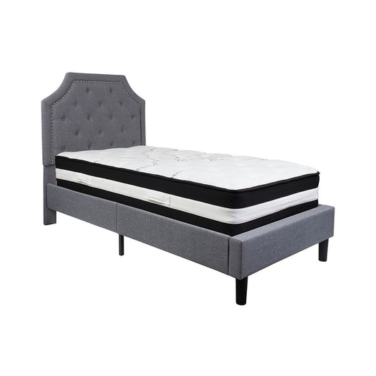 Brighton Twin Size Tufted Upholstered Platform Bed in Light Gray Fabric with Pocket Spring Mattress