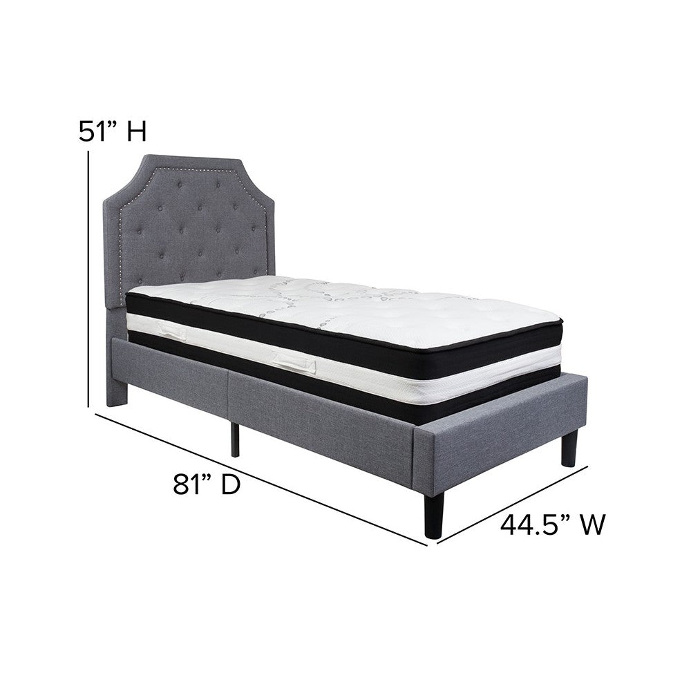 Brighton Twin Size Tufted Upholstered Platform Bed in Light Gray Fabric with Pocket Spring Mattress