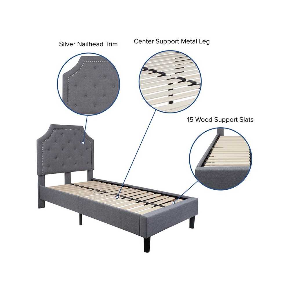 Brighton Twin Size Tufted Upholstered Platform Bed in Light Gray Fabric