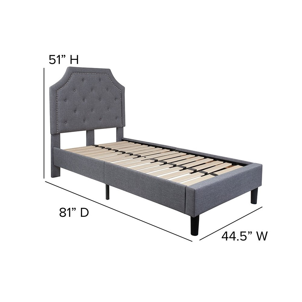 Brighton Twin Size Tufted Upholstered Platform Bed in Light Gray Fabric