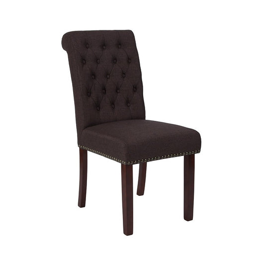 Brown Fabric Parsons Chair with Rolled Back, Accent Nail Trim and Walnut Finish