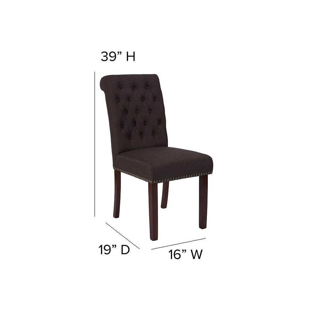 Brown Fabric Parsons Chair with Rolled Back, Accent Nail Trim and Walnut Finish