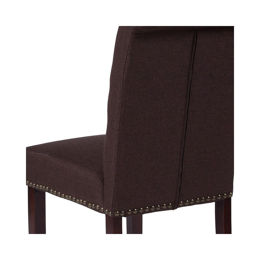 Brown Fabric Parsons Chair with Rolled Back, Accent Nail Trim and Walnut Finish