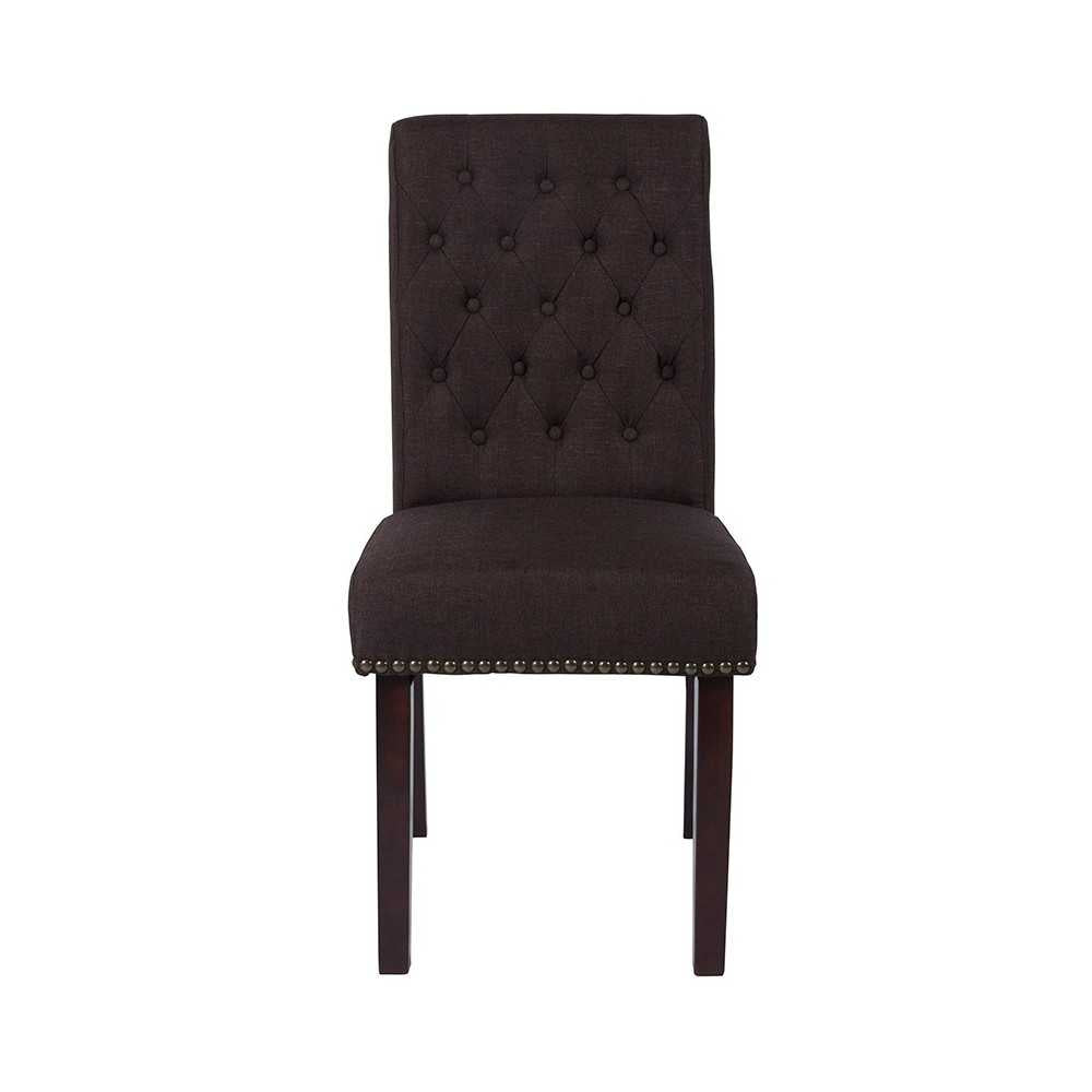 Brown Fabric Parsons Chair with Rolled Back, Accent Nail Trim and Walnut Finish