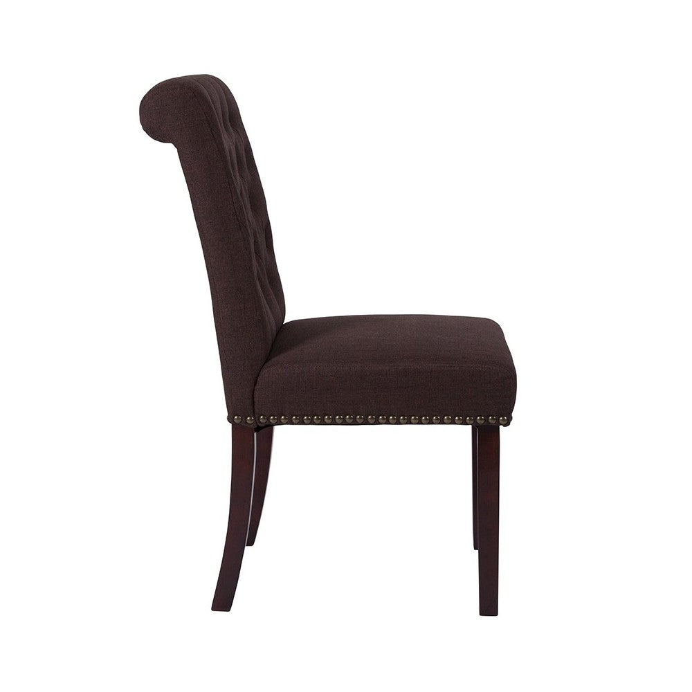 Brown Fabric Parsons Chair with Rolled Back, Accent Nail Trim and Walnut Finish
