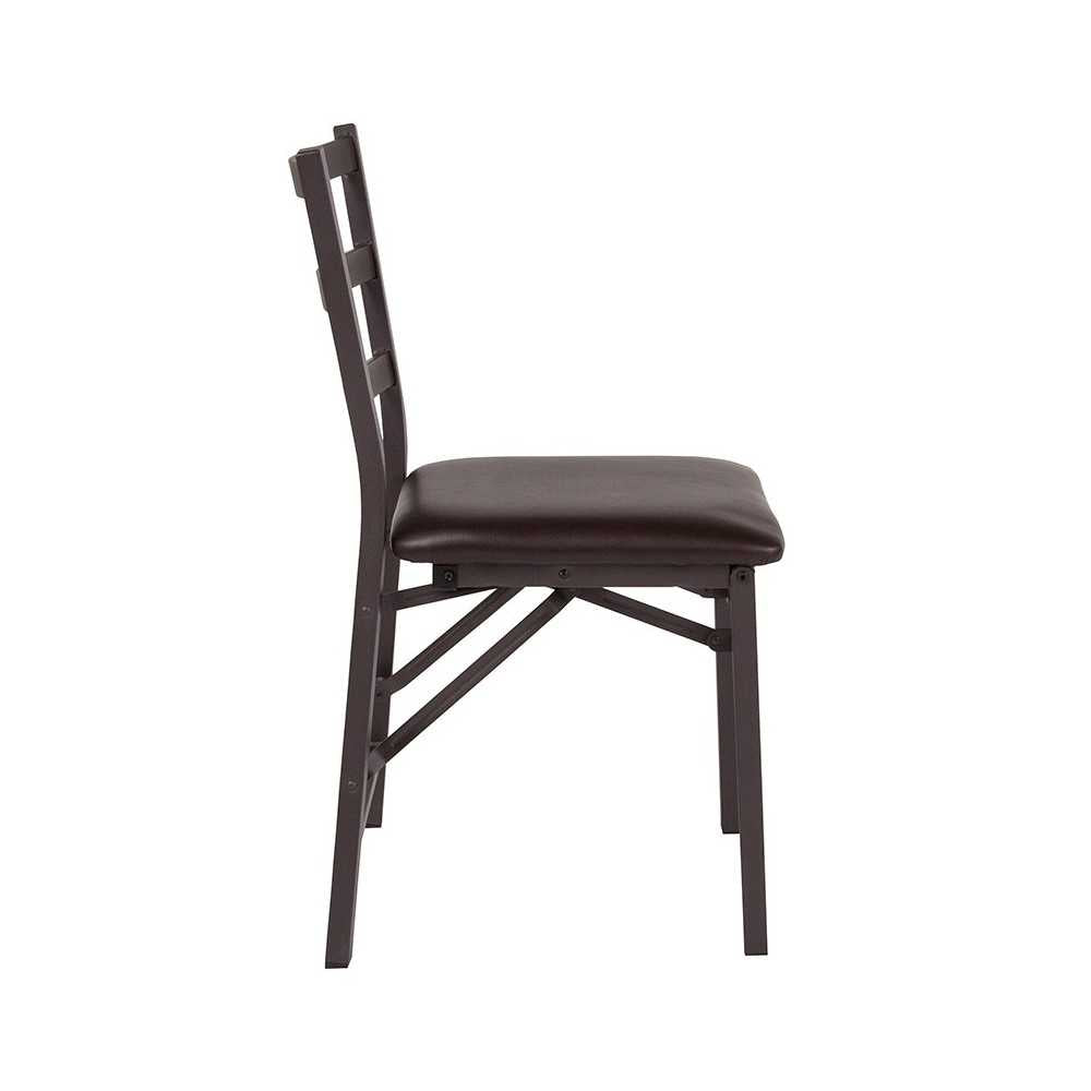 Brown Folding Ladder Back Metal Chair with Brown Vinyl Seat