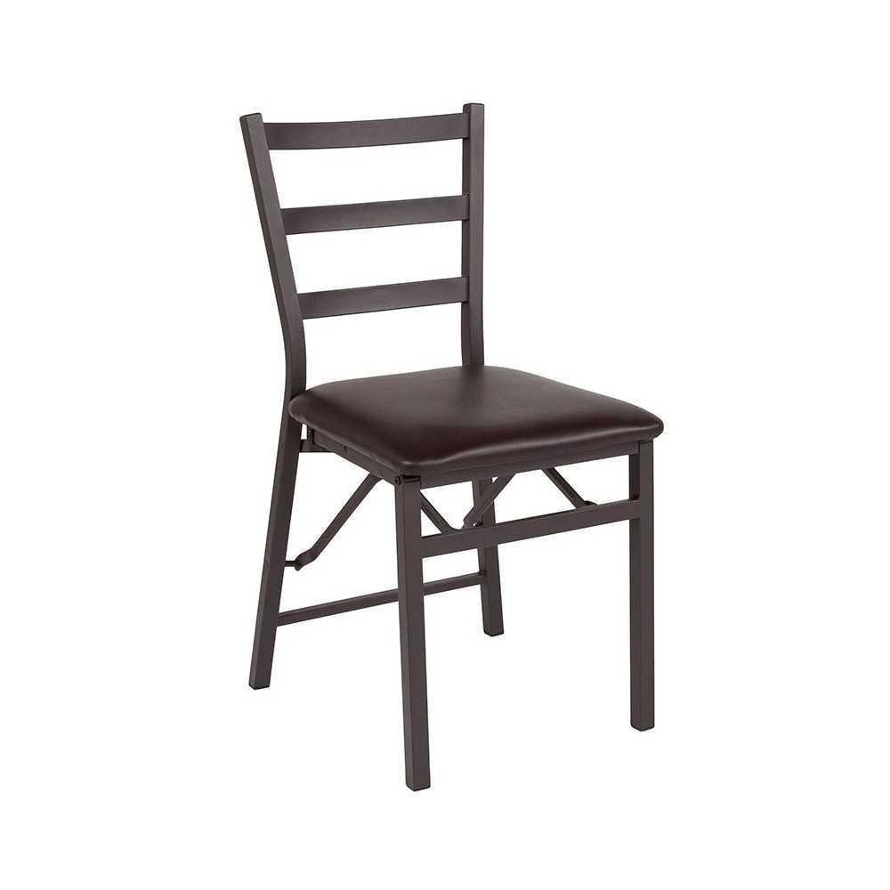 Brown Folding Ladder Back Metal Chair with Brown Vinyl Seat