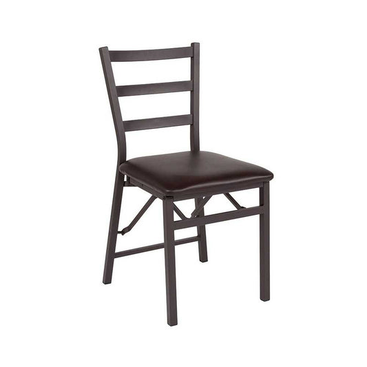 Brown Folding Ladder Back Metal Chair with Brown Vinyl Seat