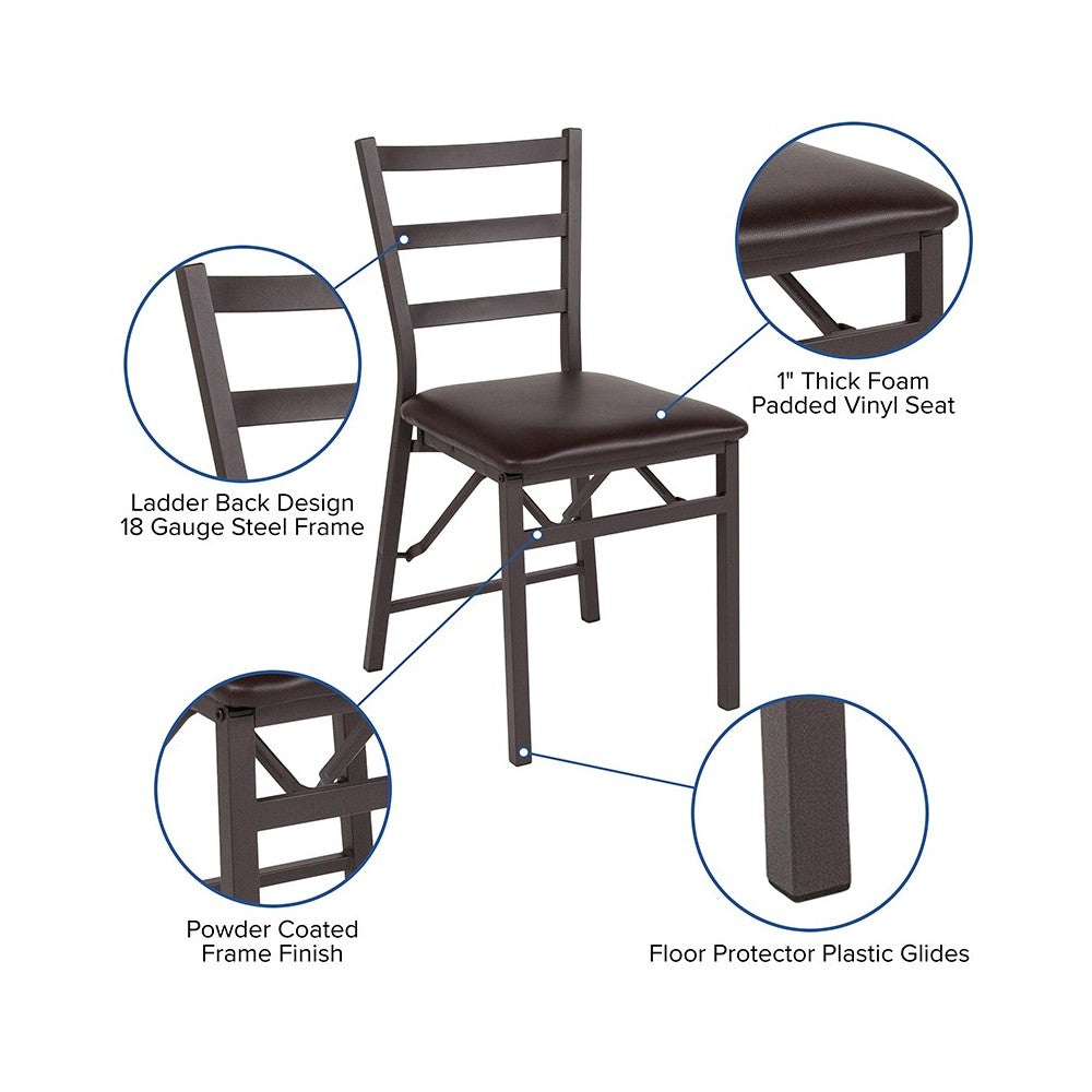 Brown Folding Ladder Back Metal Chair with Brown Vinyl Seat