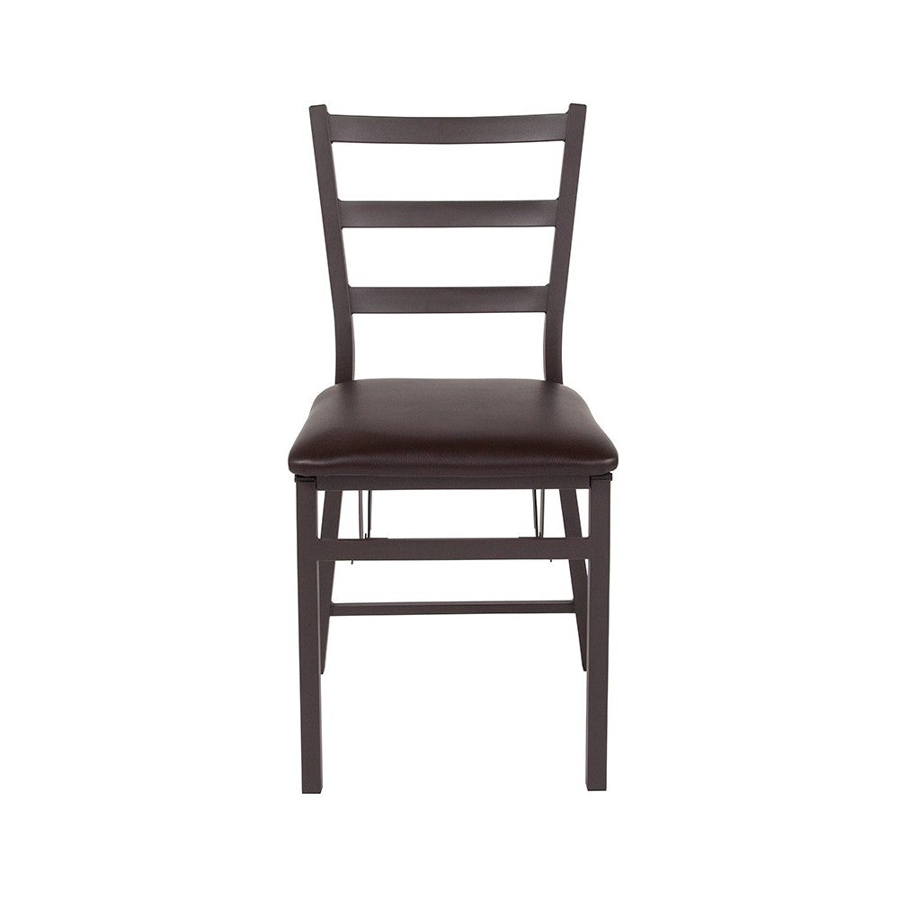 Brown Folding Ladder Back Metal Chair with Brown Vinyl Seat