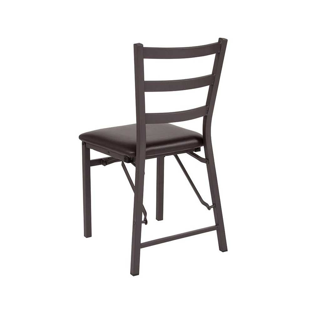 Brown Folding Ladder Back Metal Chair with Brown Vinyl Seat