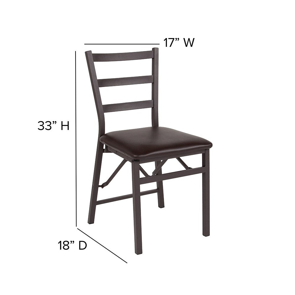 Brown Folding Ladder Back Metal Chair with Brown Vinyl Seat