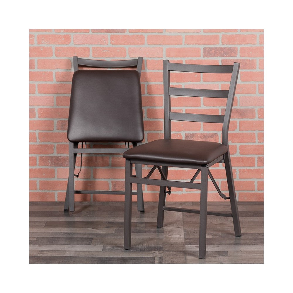 Brown Folding Ladder Back Metal Chair with Brown Vinyl Seat