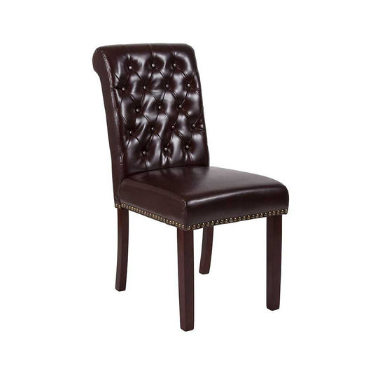 Brown LeatherSoft Parsons Chair with Rolled Back, Accent Nail Trim and Walnut Finish