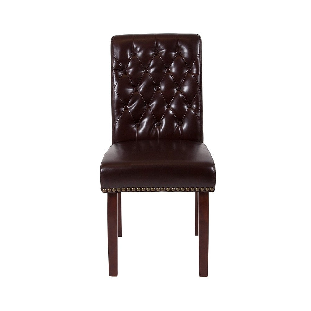 Brown LeatherSoft Parsons Chair with Rolled Back, Accent Nail Trim and Walnut Finish