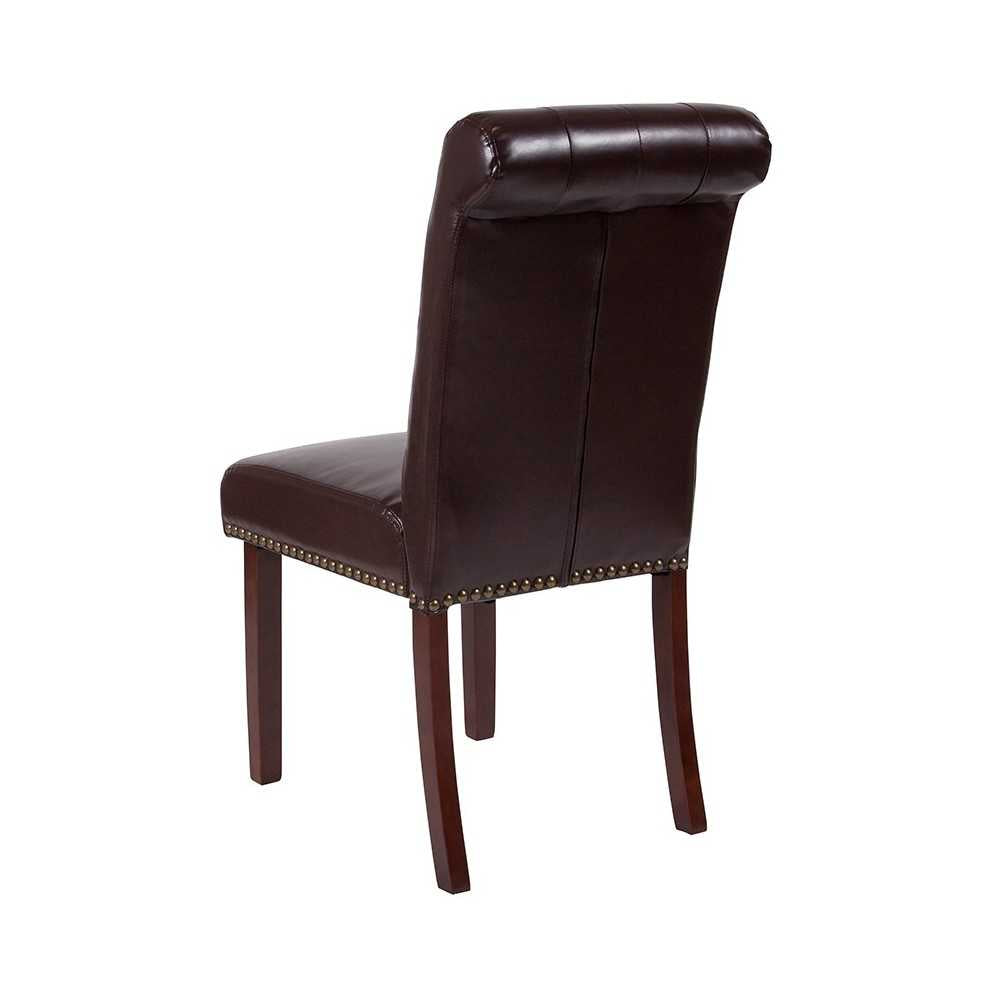 Brown LeatherSoft Parsons Chair with Rolled Back, Accent Nail Trim and Walnut Finish