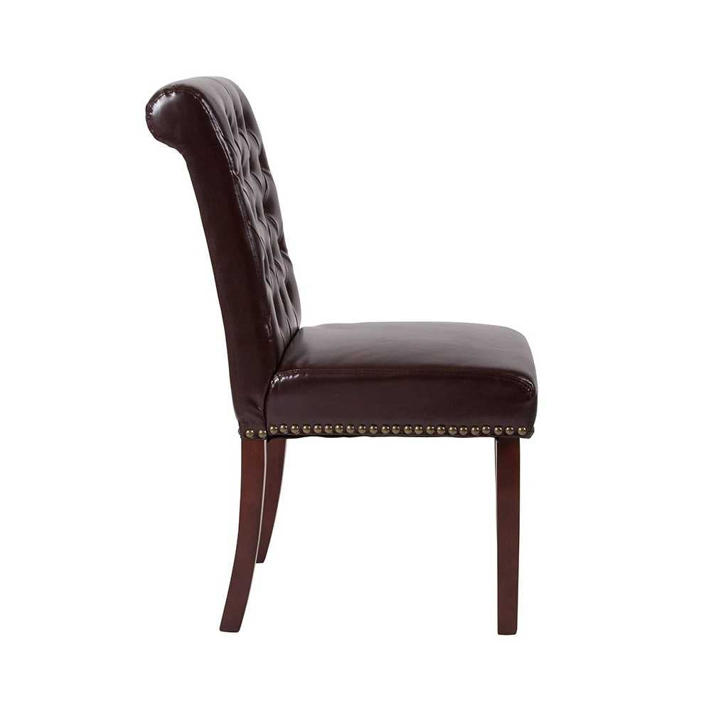Brown LeatherSoft Parsons Chair with Rolled Back, Accent Nail Trim and Walnut Finish