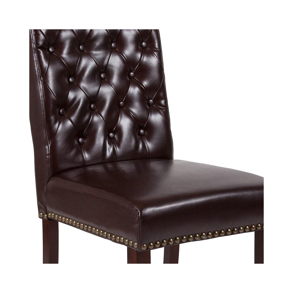 Brown LeatherSoft Parsons Chair with Rolled Back, Accent Nail Trim and Walnut Finish
