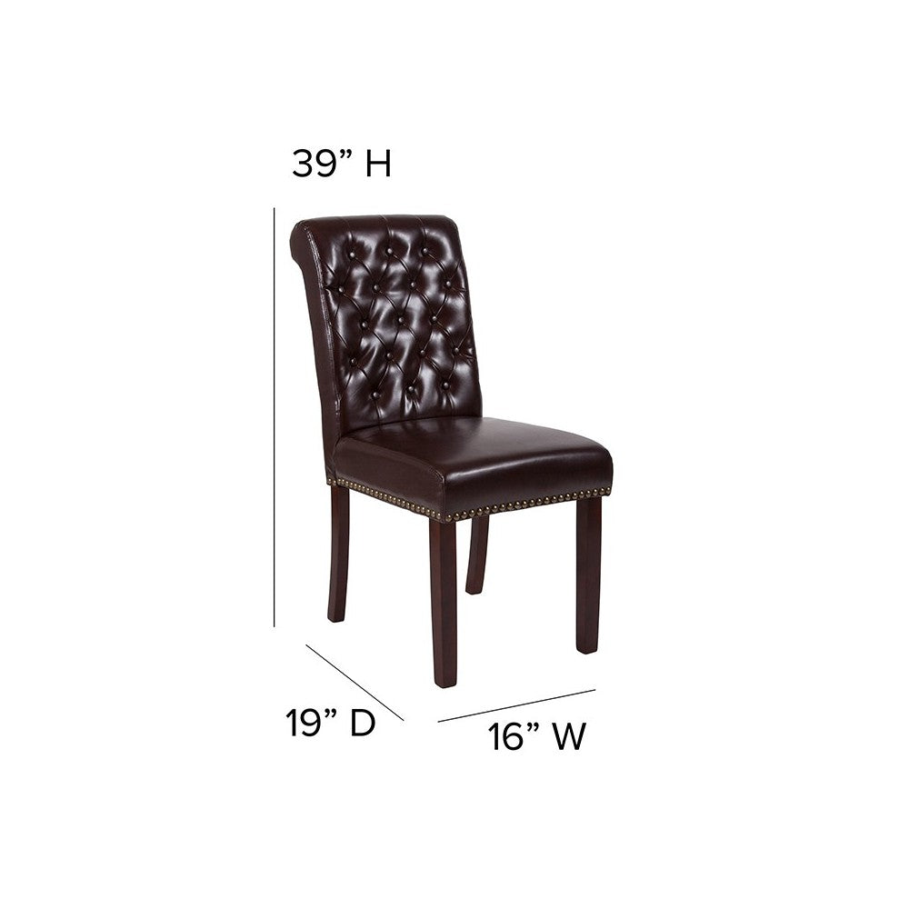 Brown LeatherSoft Parsons Chair with Rolled Back, Accent Nail Trim and Walnut Finish