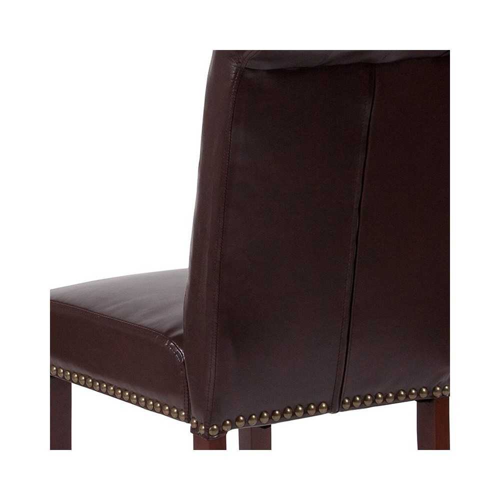 Brown LeatherSoft Parsons Chair with Rolled Back, Accent Nail Trim and Walnut Finish