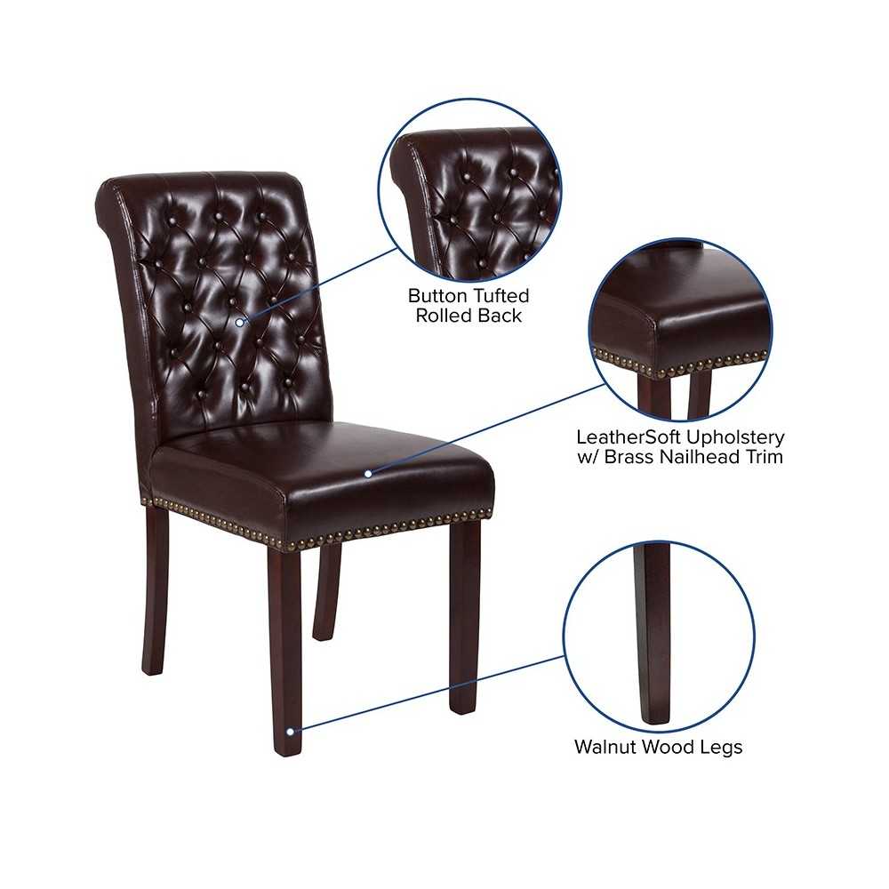Brown LeatherSoft Parsons Chair with Rolled Back, Accent Nail Trim and Walnut Finish