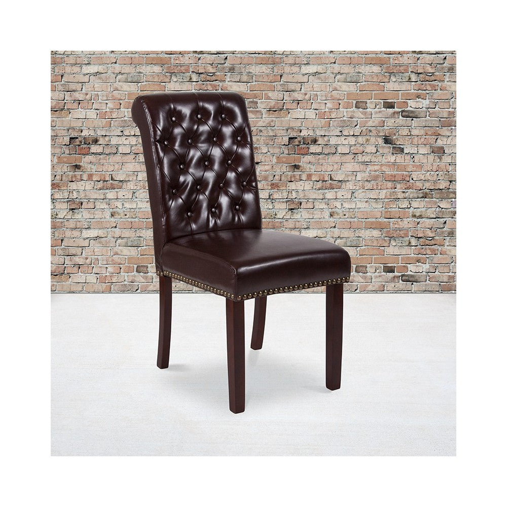 Brown LeatherSoft Parsons Chair with Rolled Back, Accent Nail Trim and Walnut Finish