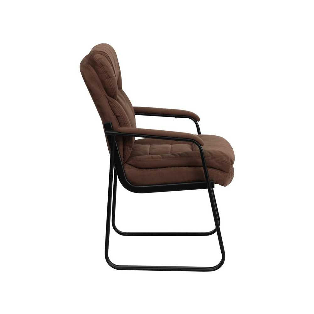Brown Microfiber Executive Side Reception Chair with Lumbar Support and Sled Base