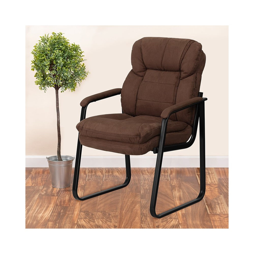 Brown Microfiber Executive Side Reception Chair with Lumbar Support and Sled Base