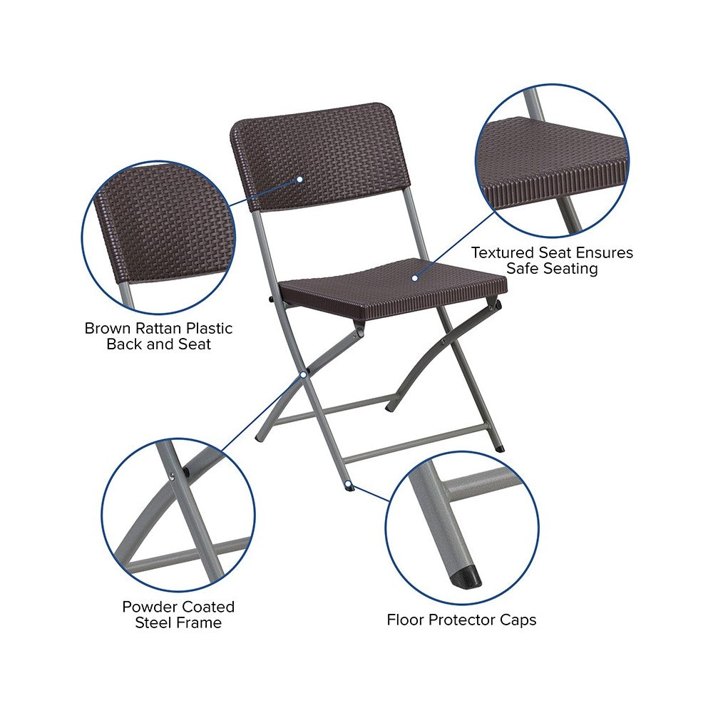 Brown Rattan Plastic Folding Chair with Gray Frame
