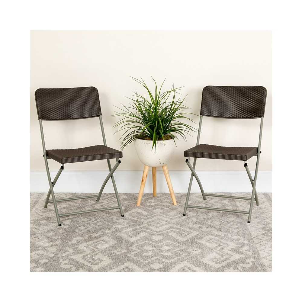 Brown Rattan Plastic Folding Chair with Gray Frame