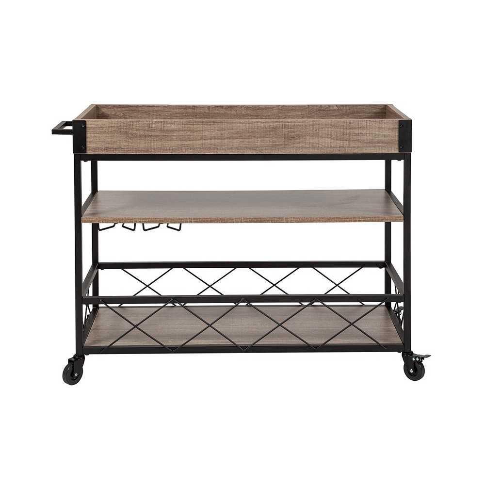 Buckhead Distressed Light Oak Wood and Iron Kitchen Serving and Bar Cart with Wine Glass Holders