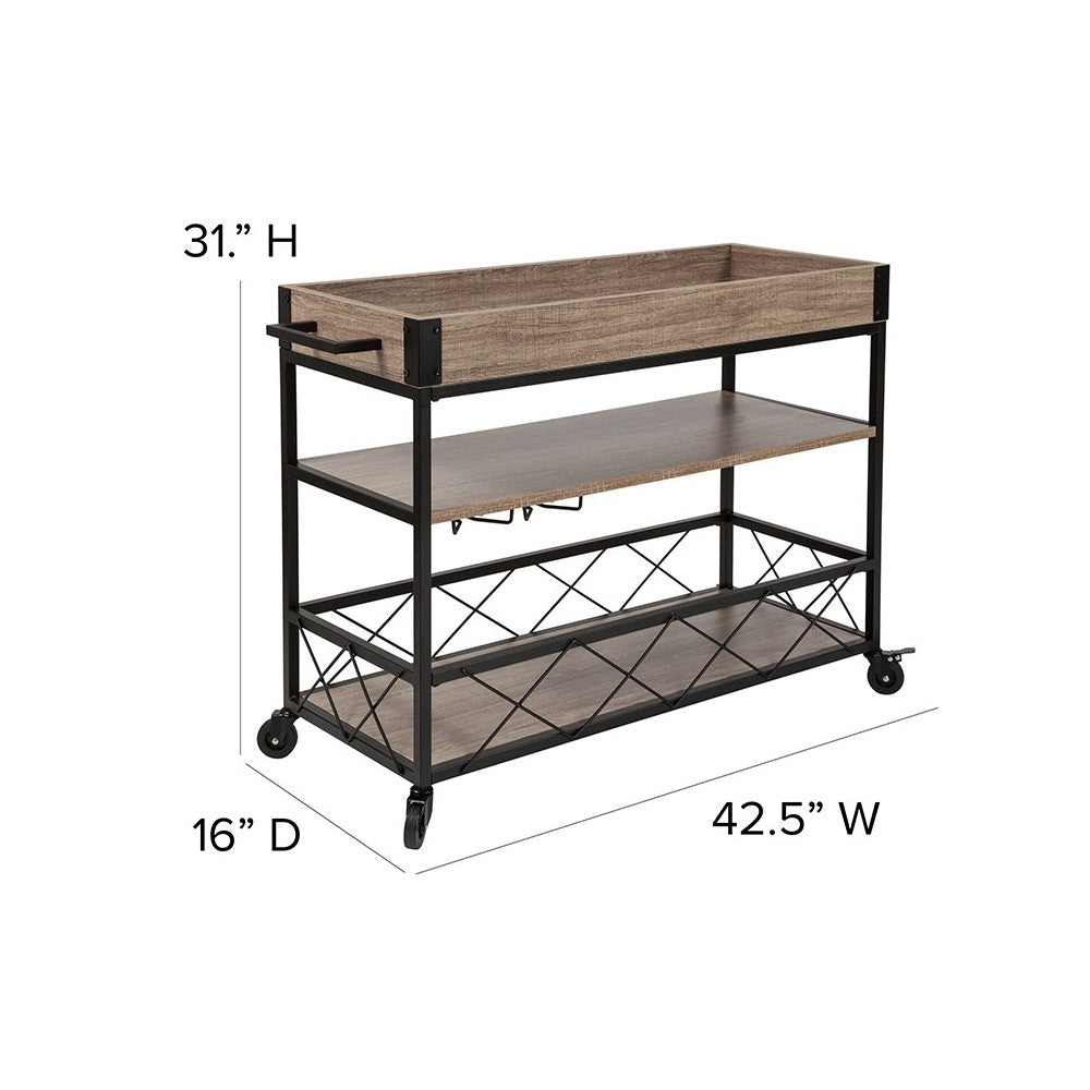 Buckhead Distressed Light Oak Wood and Iron Kitchen Serving and Bar Cart with Wine Glass Holders