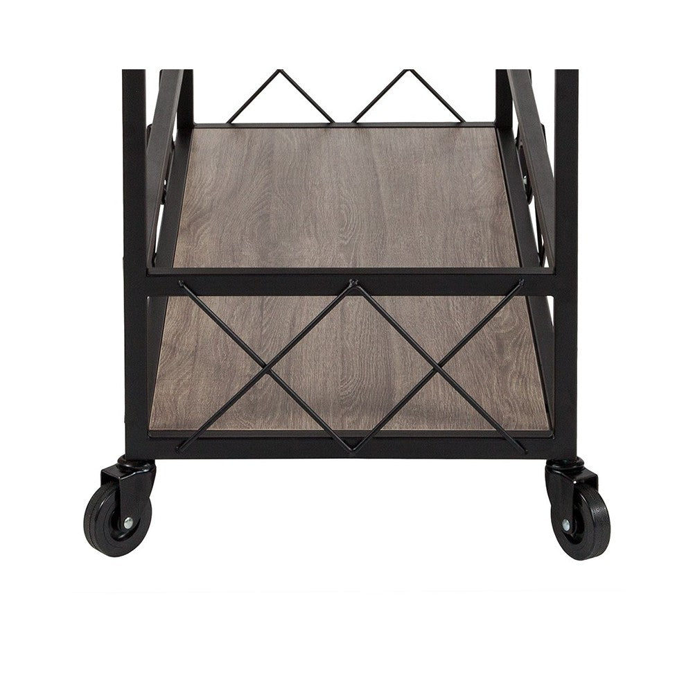 Buckhead Distressed Light Oak Wood and Iron Kitchen Serving and Bar Cart with Wine Glass Holders