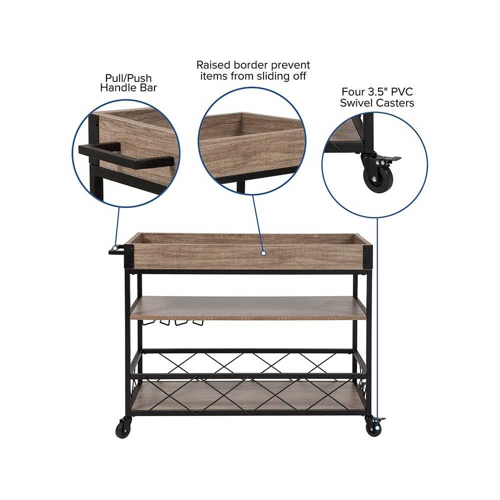 Buckhead Distressed Light Oak Wood and Iron Kitchen Serving and Bar Cart with Wine Glass Holders