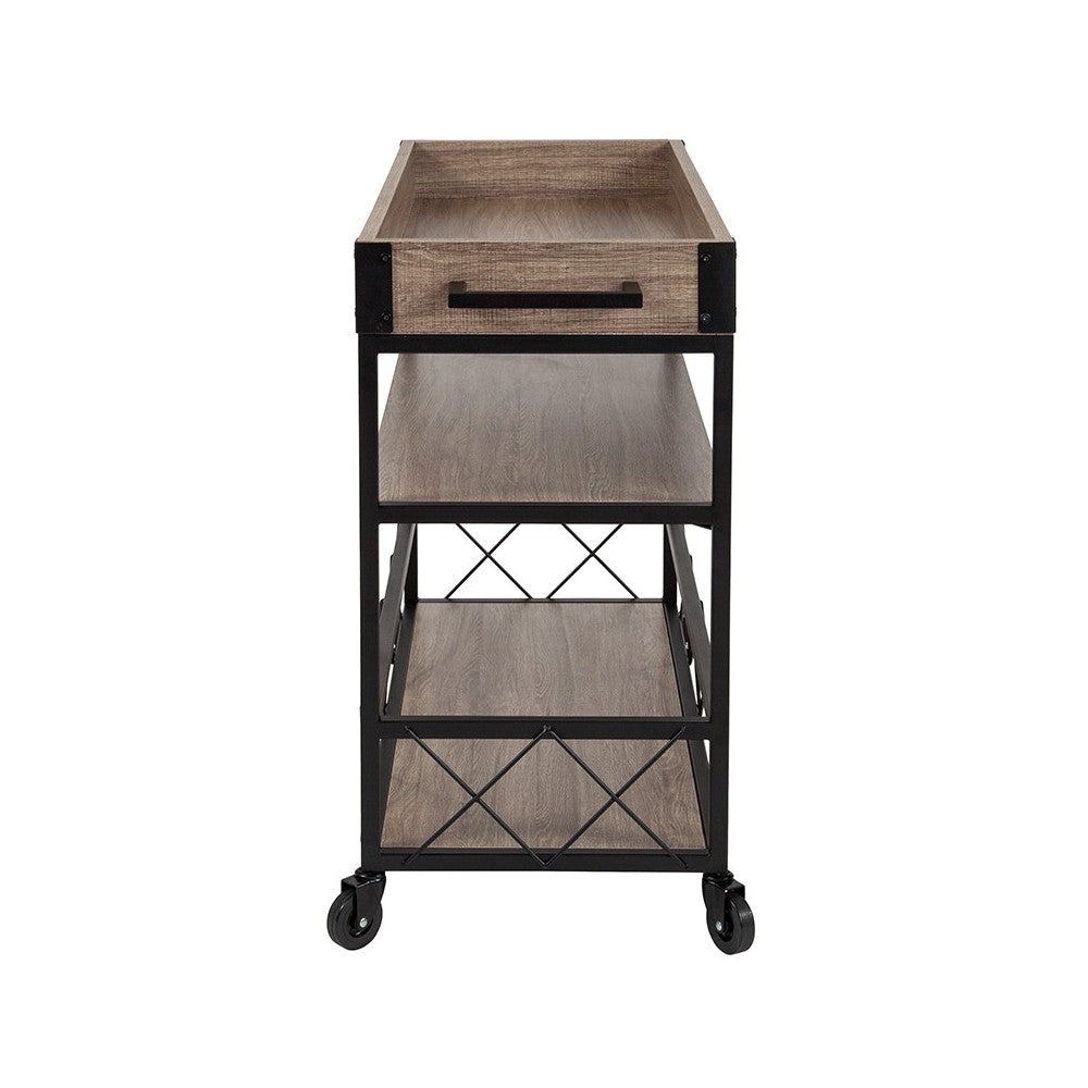 Buckhead Distressed Light Oak Wood and Iron Kitchen Serving and Bar Cart with Wine Glass Holders