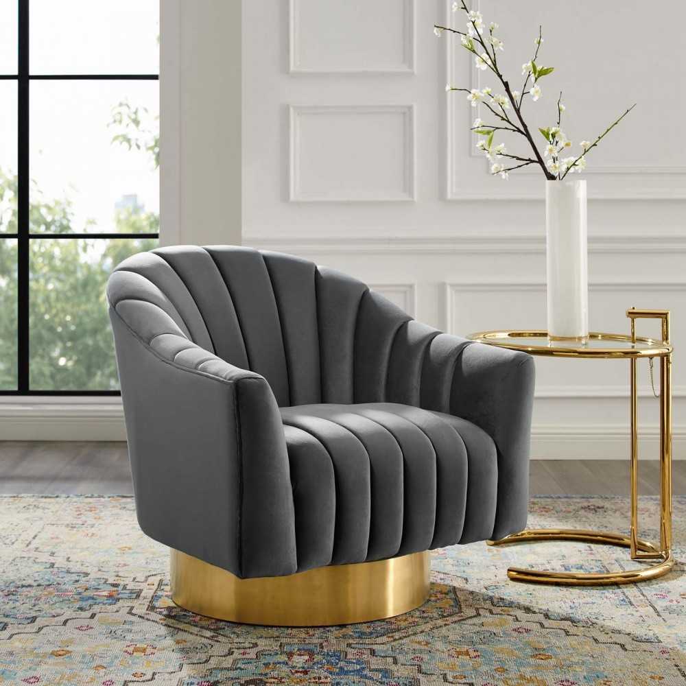 Buoyant Vertical Channel Tufted Accent Lounge Performance Velvet Swivel Chair, Gray