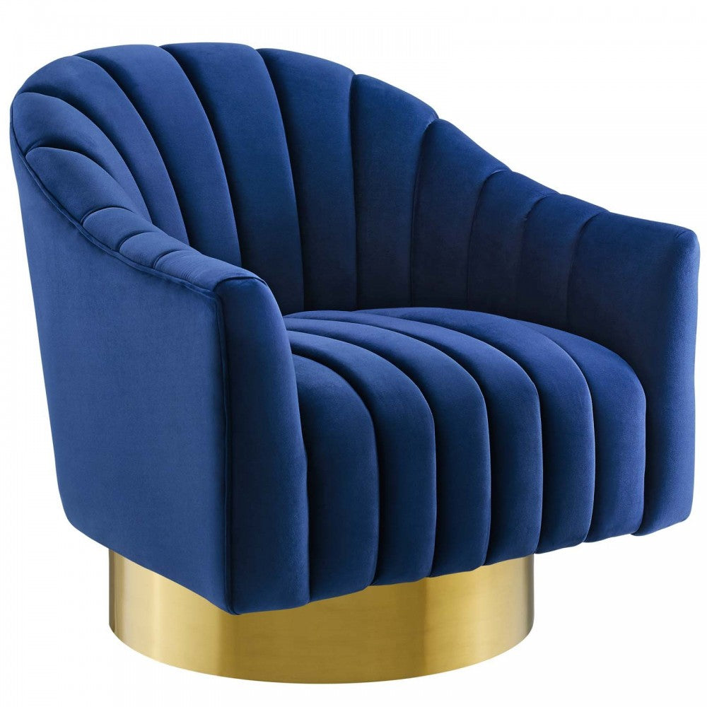 Buoyant Vertical Channel Tufted Accent Lounge Performance Velvet Swivel Chair, Navy